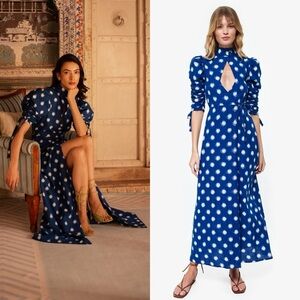 De Castro Campo Dress Cotton Ikat Wrap Blue White Polka Dot Medium EUC